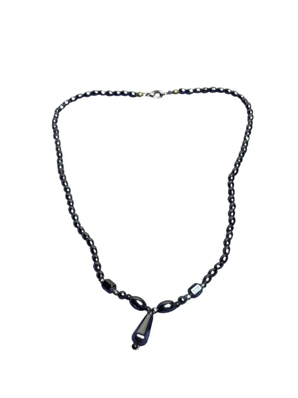 Vtg 90s Artisan Hematite Beaded Necklace Silvertone Lobster Clasp Drop Pendant